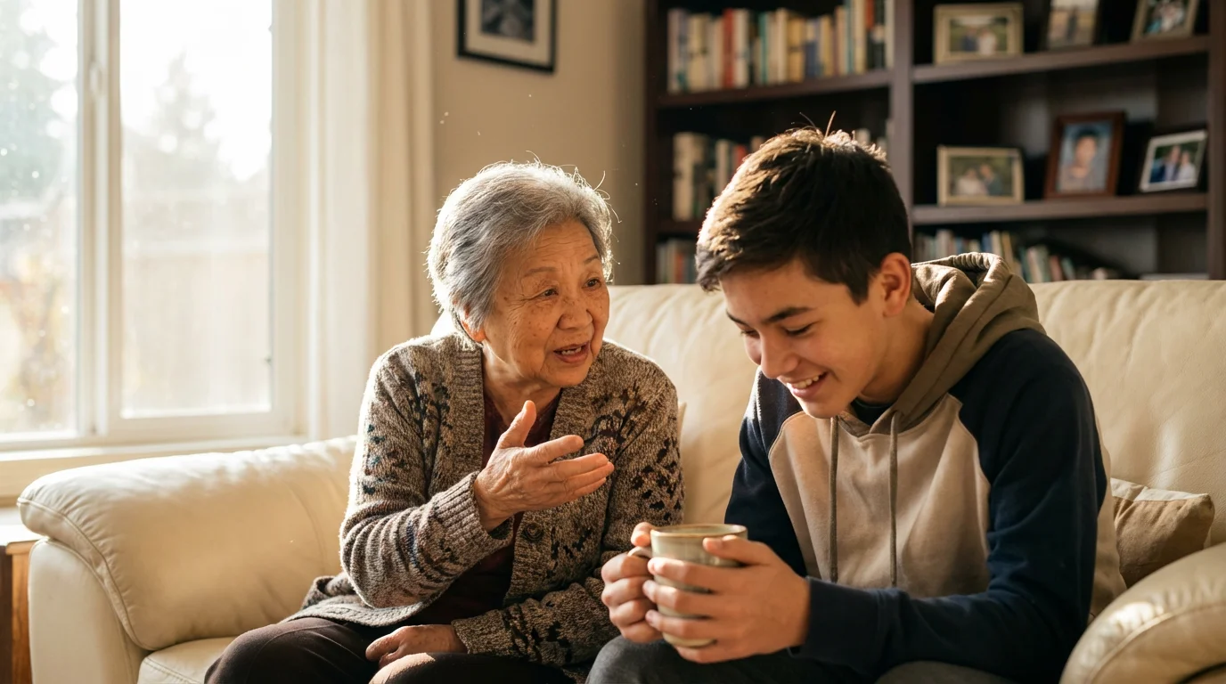 Elderly Asian grandmother telling a story to her attentive grandson in a sunlit living room.