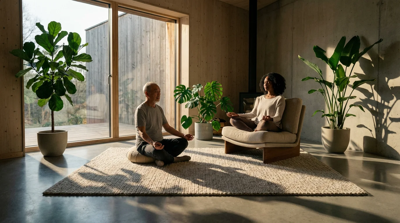 Elderly couple meditating in a minimalist, sunlit living room with long afternoon shadows.