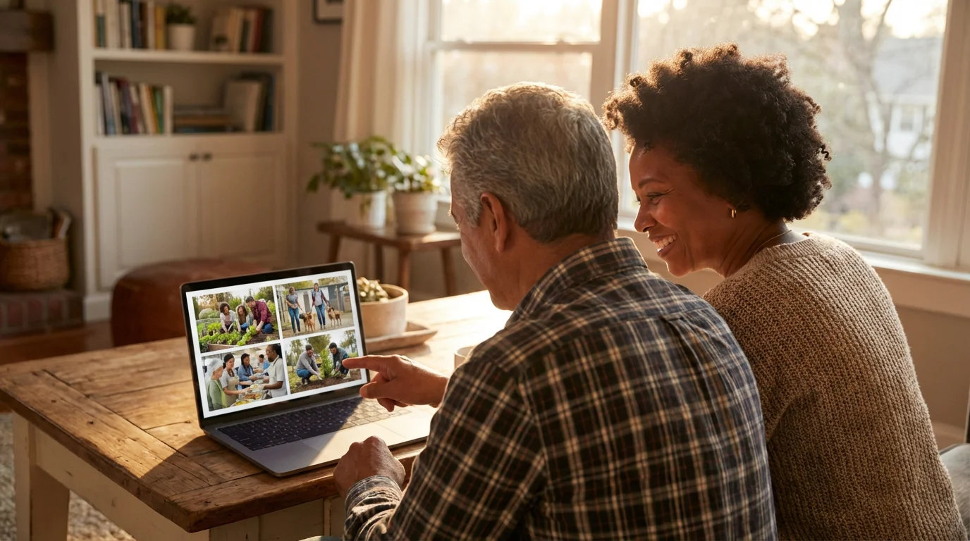 Elderly couple searching for volunteer opportunities together on a laptop in a sunlit room.