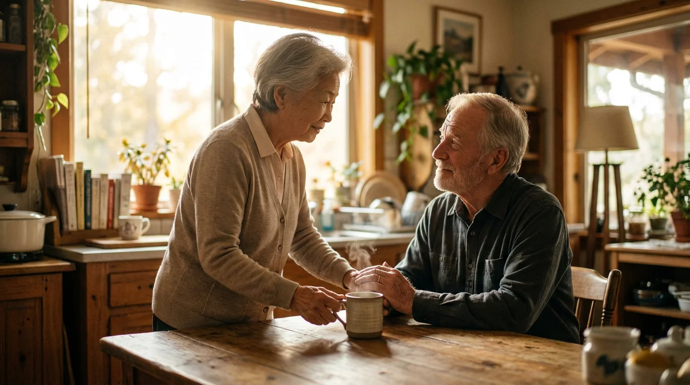 Elderly couple sharing an appreciative moment over a cup of tea in their kitchen.