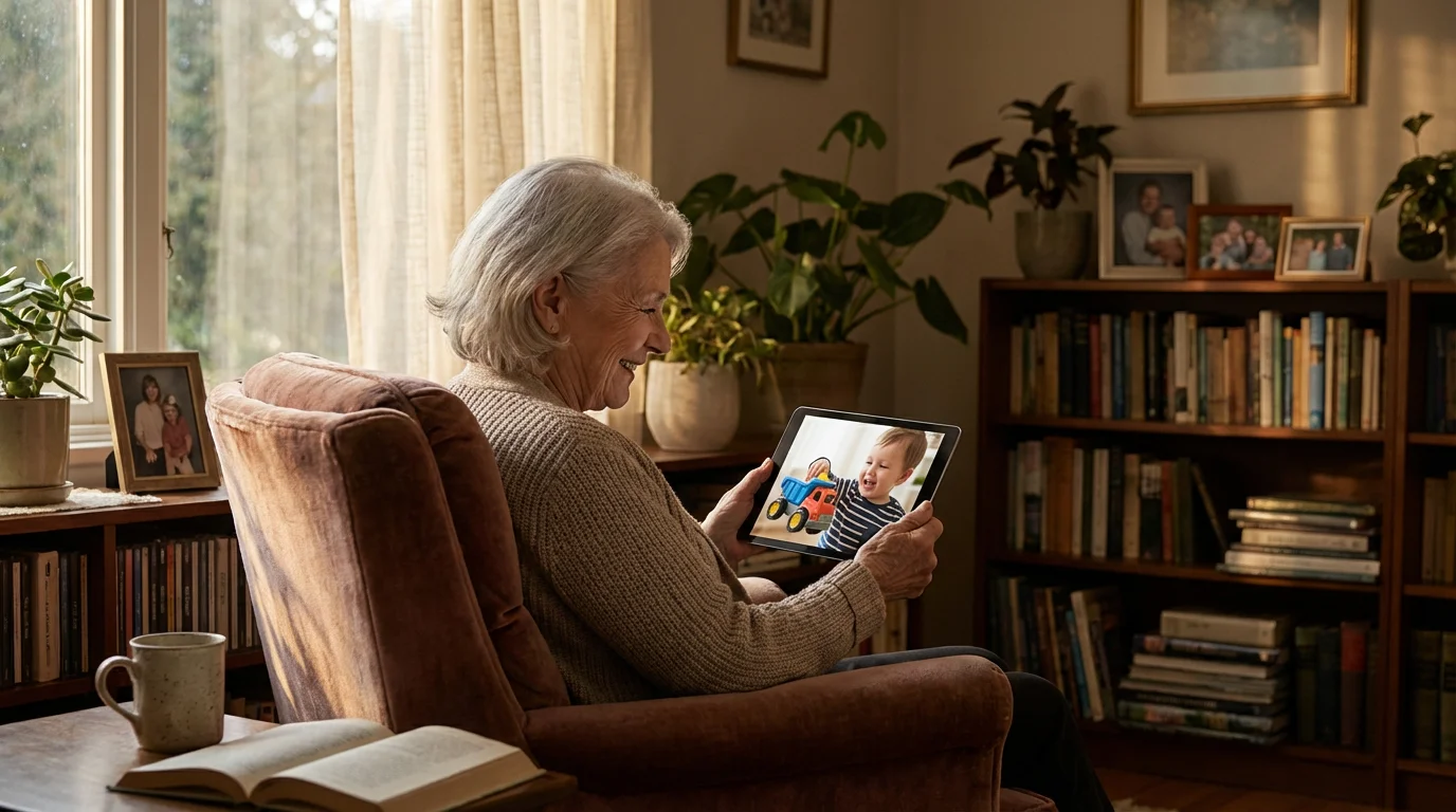 Elderly grandmother on a video call with her grandchild on a tablet during daytime.