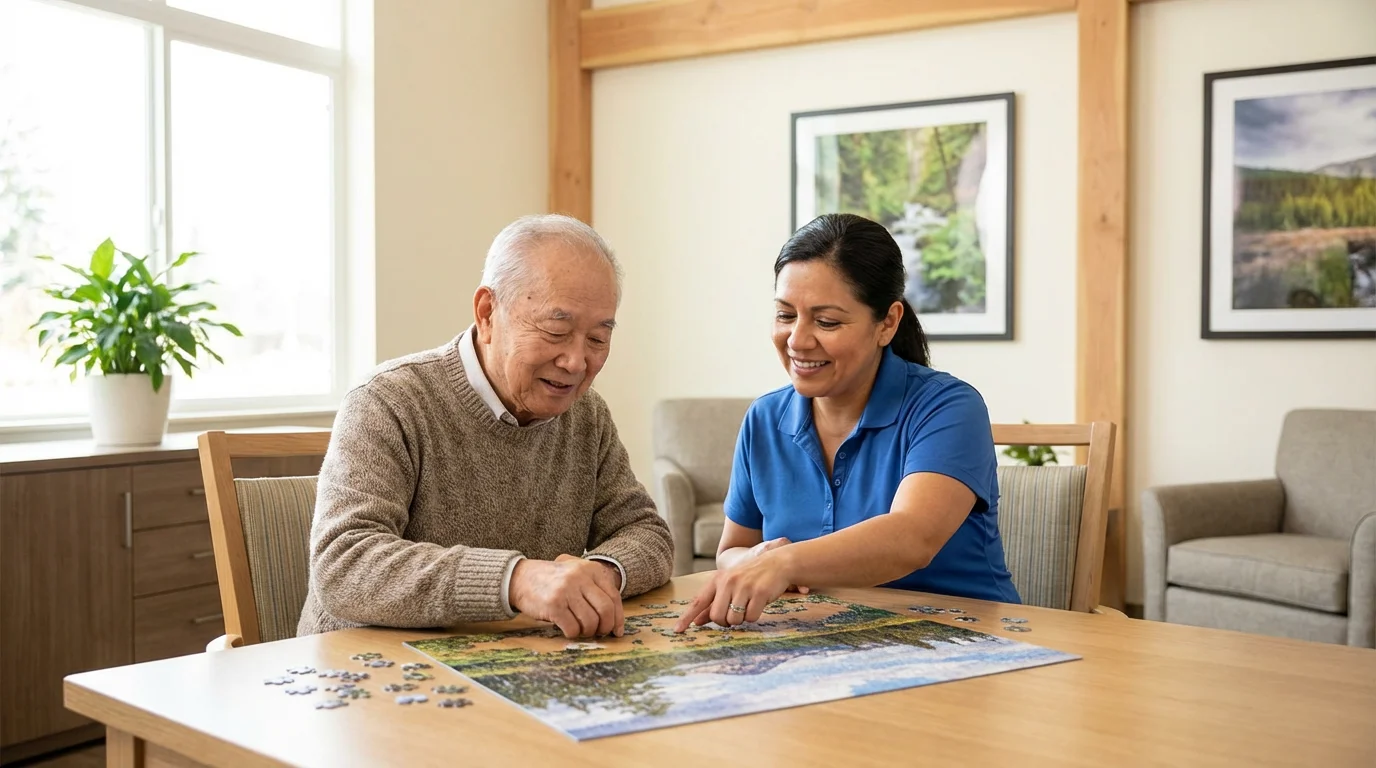 Elderly man and caregiver doing a jigsaw puzzle in a bright memory care facility.