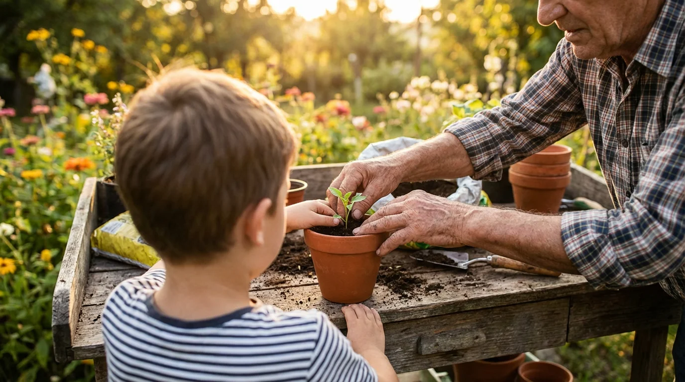 Elderly man and young child potting a plant together in a sunlit garden.