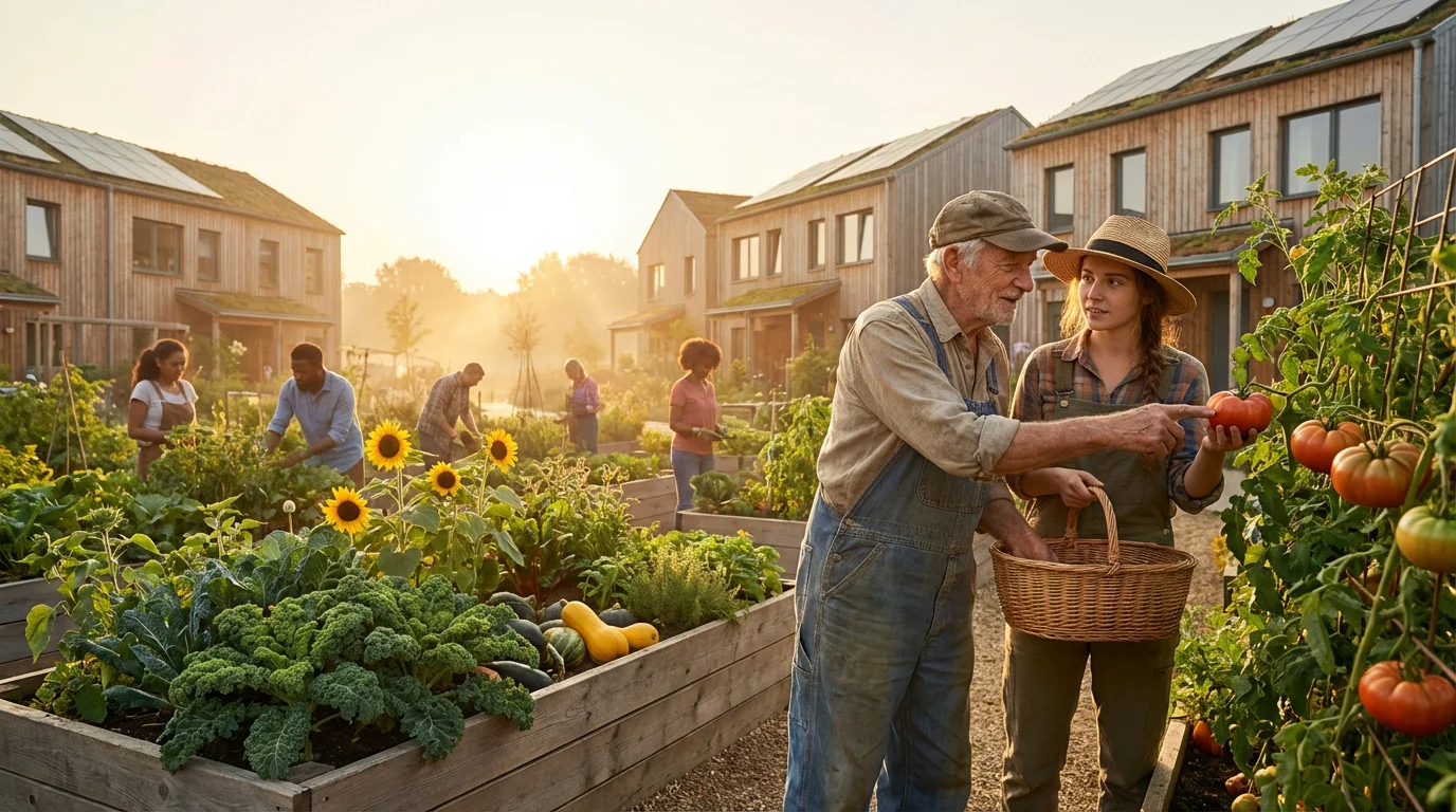 Elderly man and young woman gardening together in a cohousing community at sunset.