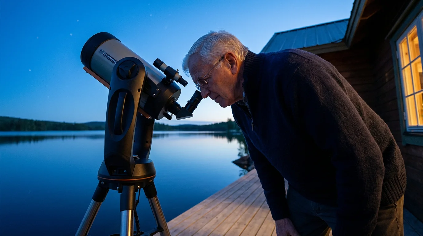 Elderly man looking through a telescope at twilight on a deck by a lake.