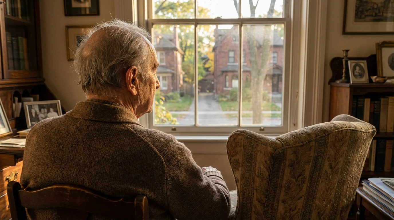 Elderly man sitting alone in a chair looking thoughtfully out a sunlit window.