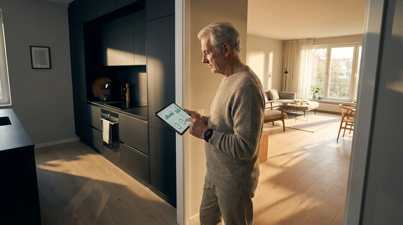 Elderly man using a health app on a tablet in a modern, sunlit home.