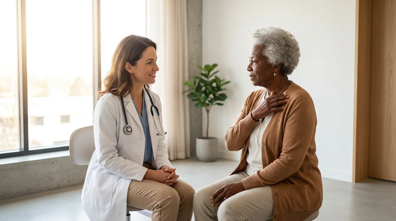 Elderly woman in a sunlit doctor's office consulting with her empathetic female doctor.