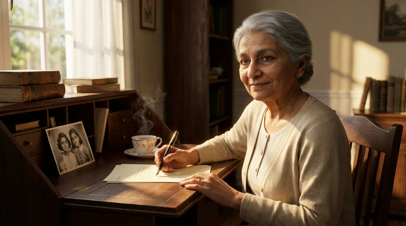 Elderly woman smiling while writing a letter at a sunlit desk during golden hour.