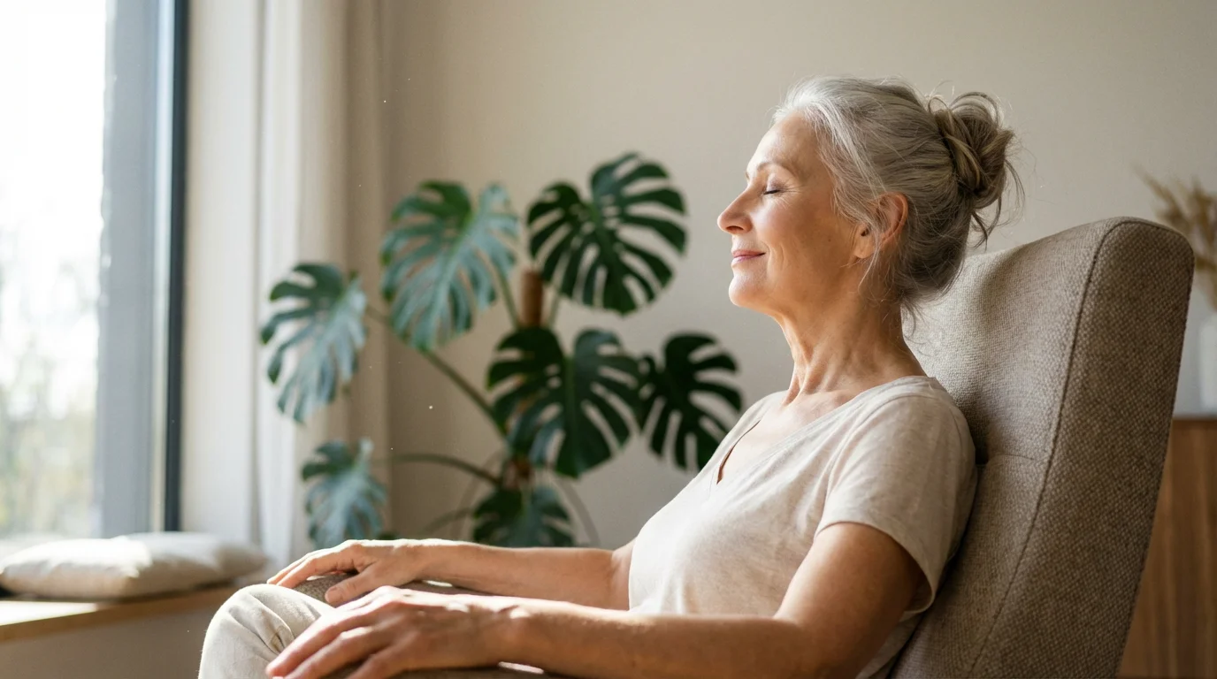 Elderly woman with silver hair meditating serenely in a chair by a sunny window.