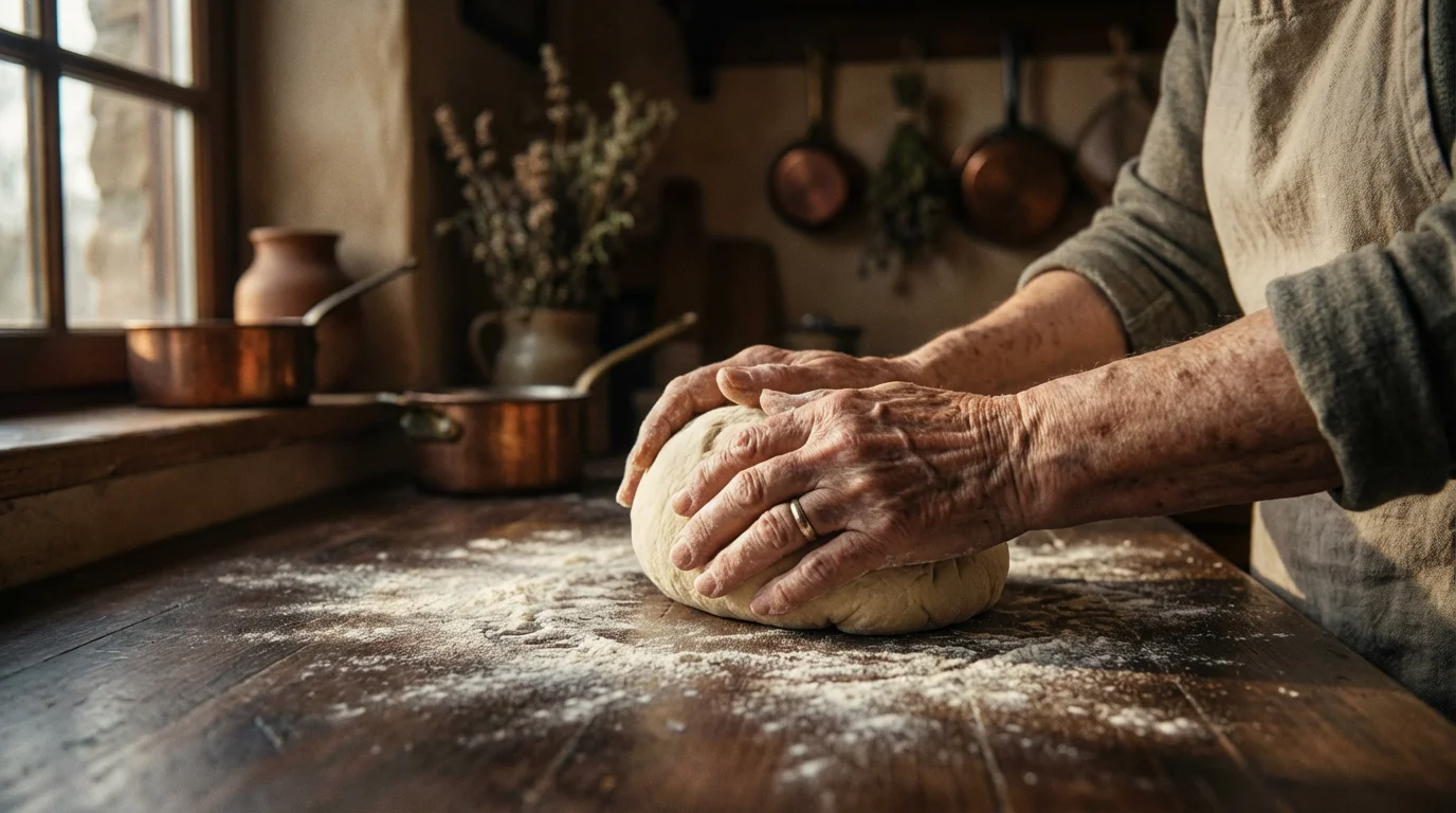 Elderly woman's hands kneading dough on a floury countertop in moody afternoon sunlight.
