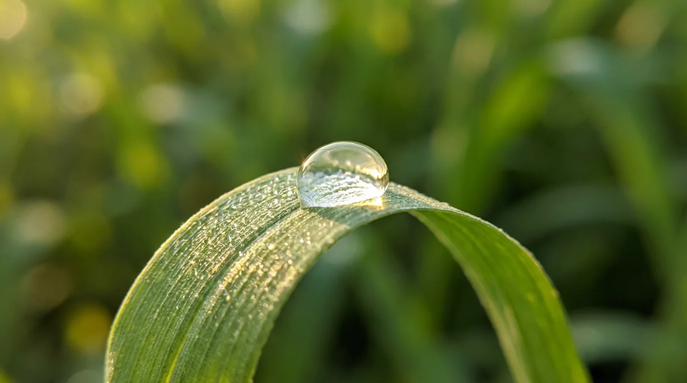 Extreme close-up macro photo of a single glistening dewdrop on a vibrant green leaf.