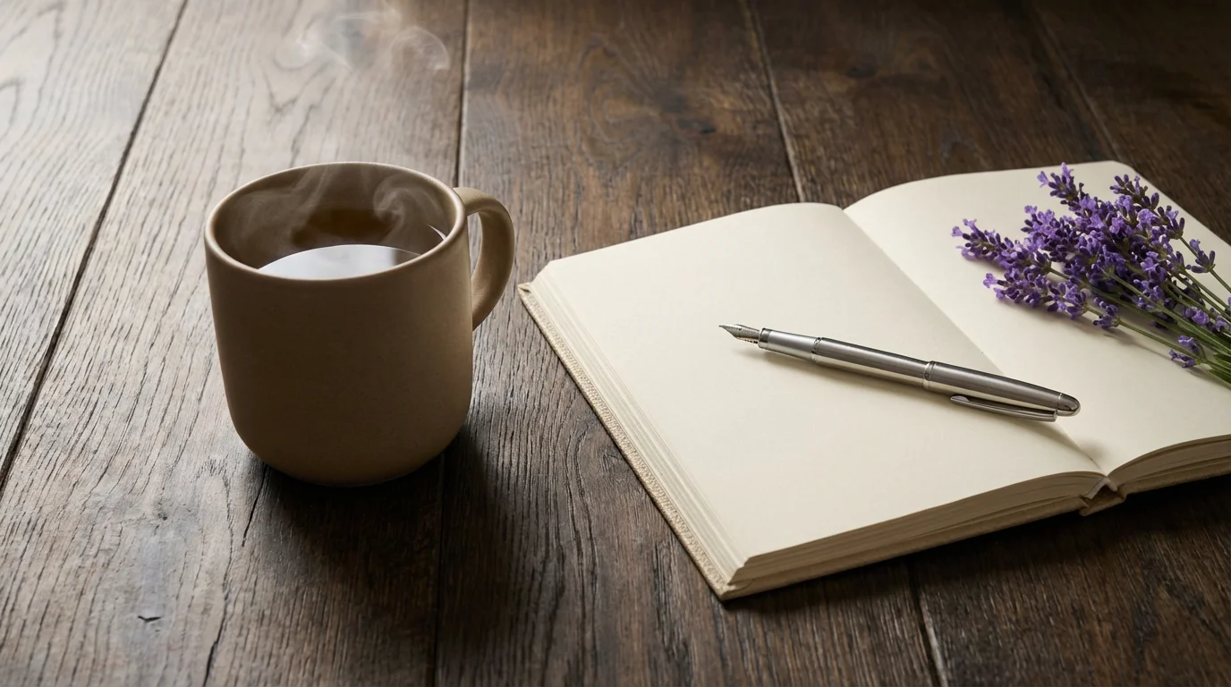 Flat lay of a bedtime ritual with herbal tea, a journal, and lavender.