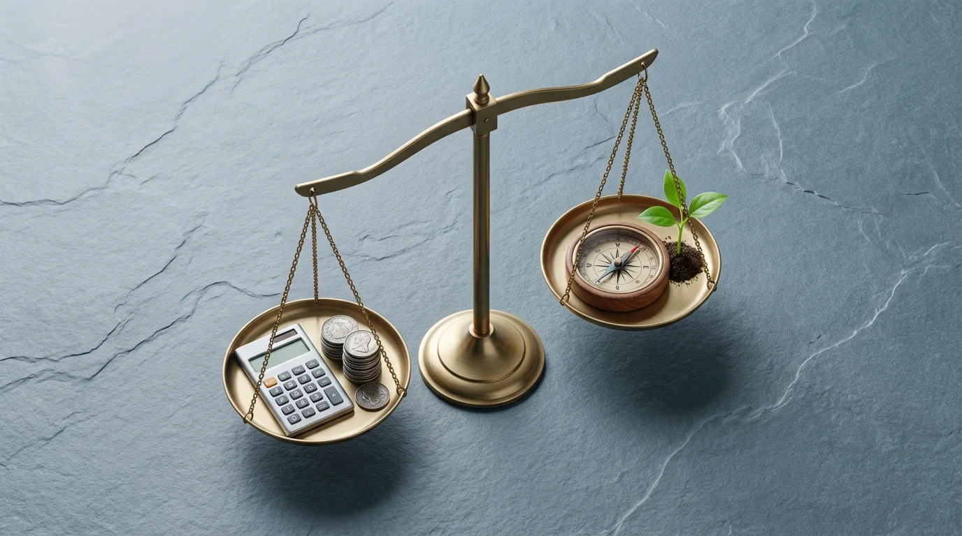 Flat lay of a brass scale balancing financial coins against a compass and seedling.