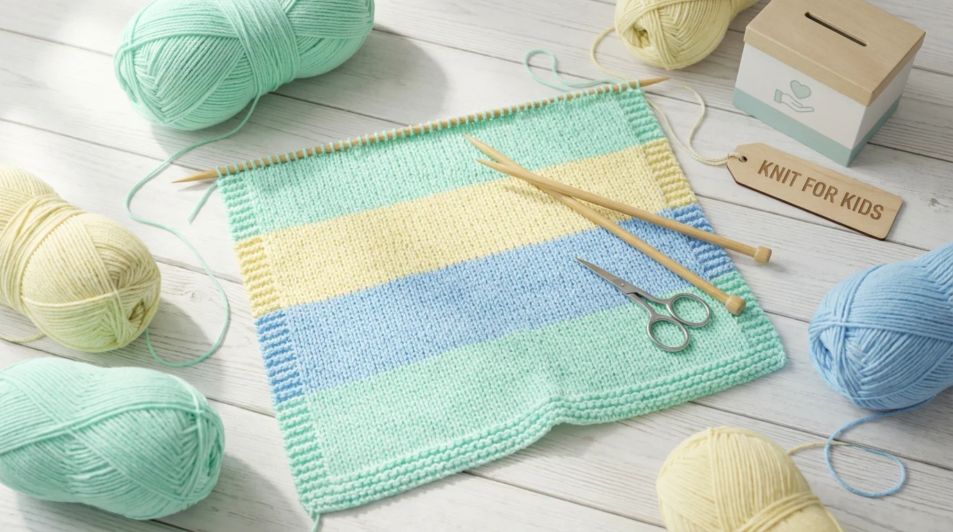 Flat lay of a charity knitting project with pastel yarn and bamboo needles.