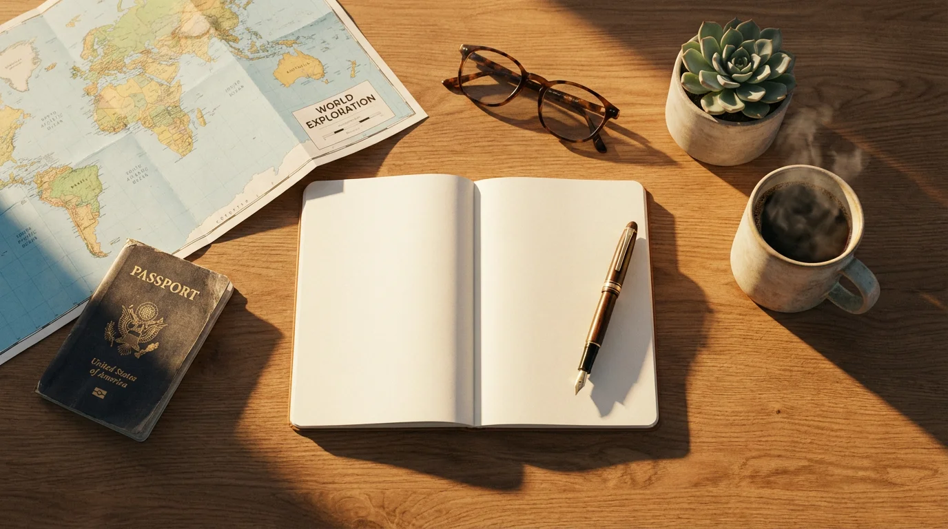 Flat lay of a desk with a notebook, map, and coffee for retirement planning.