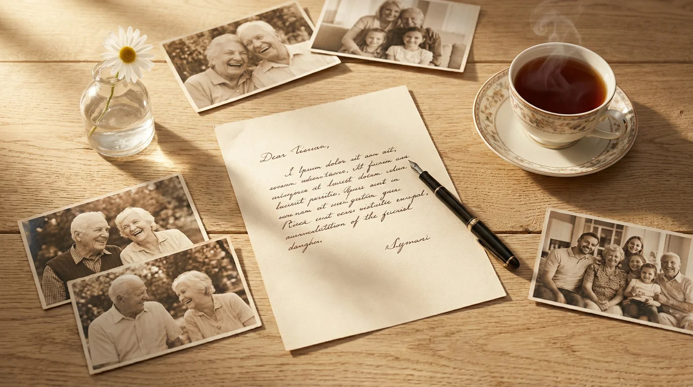Flat lay of a handwritten letter, old photographs, and a teacup on a table.