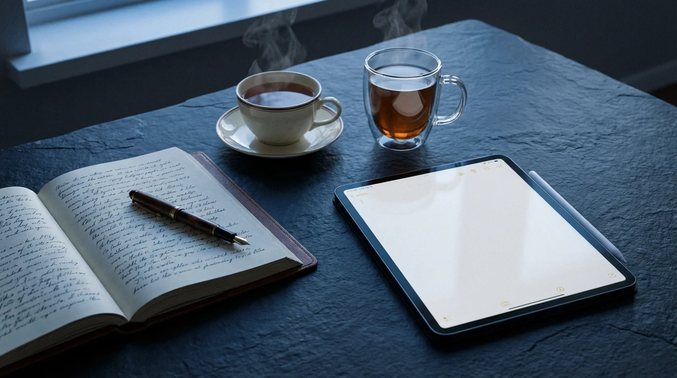 Flat lay of a journal and a tablet with two coffee mugs, symbolizing communication.