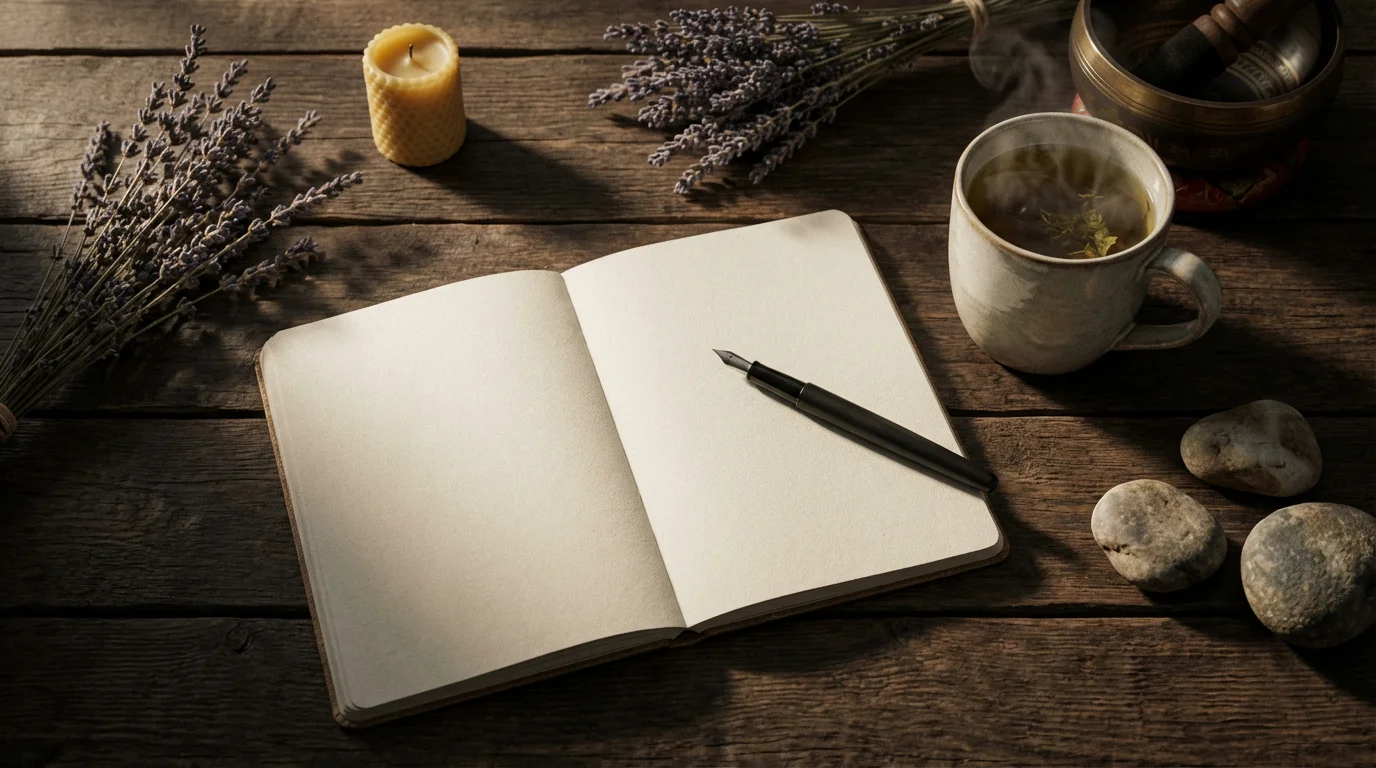 Flat lay of a mindfulness journal, herbal tea, and lavender with long afternoon shadows.