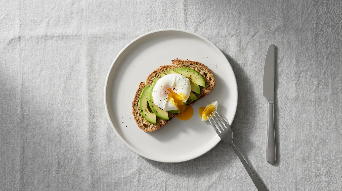 Flat lay of a partially eaten avocado toast with a poached egg, paused.