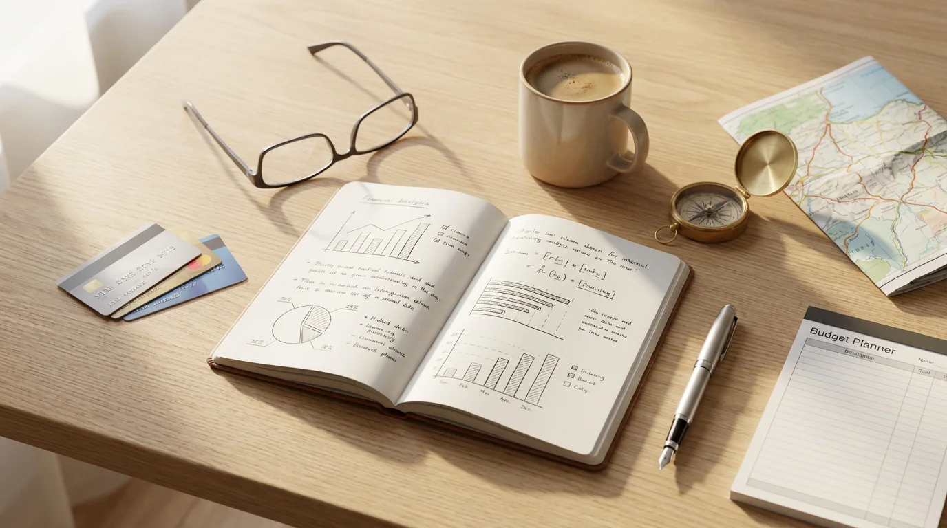 Flat lay of a retirement financial plan with a notebook, map, and coffee.
