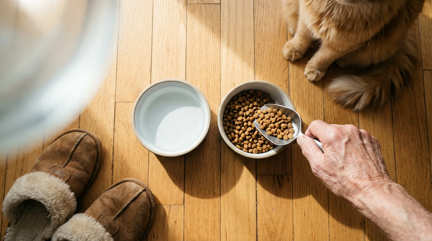 Flat lay of a senior's hand pouring pet food into a bowl for a cat.