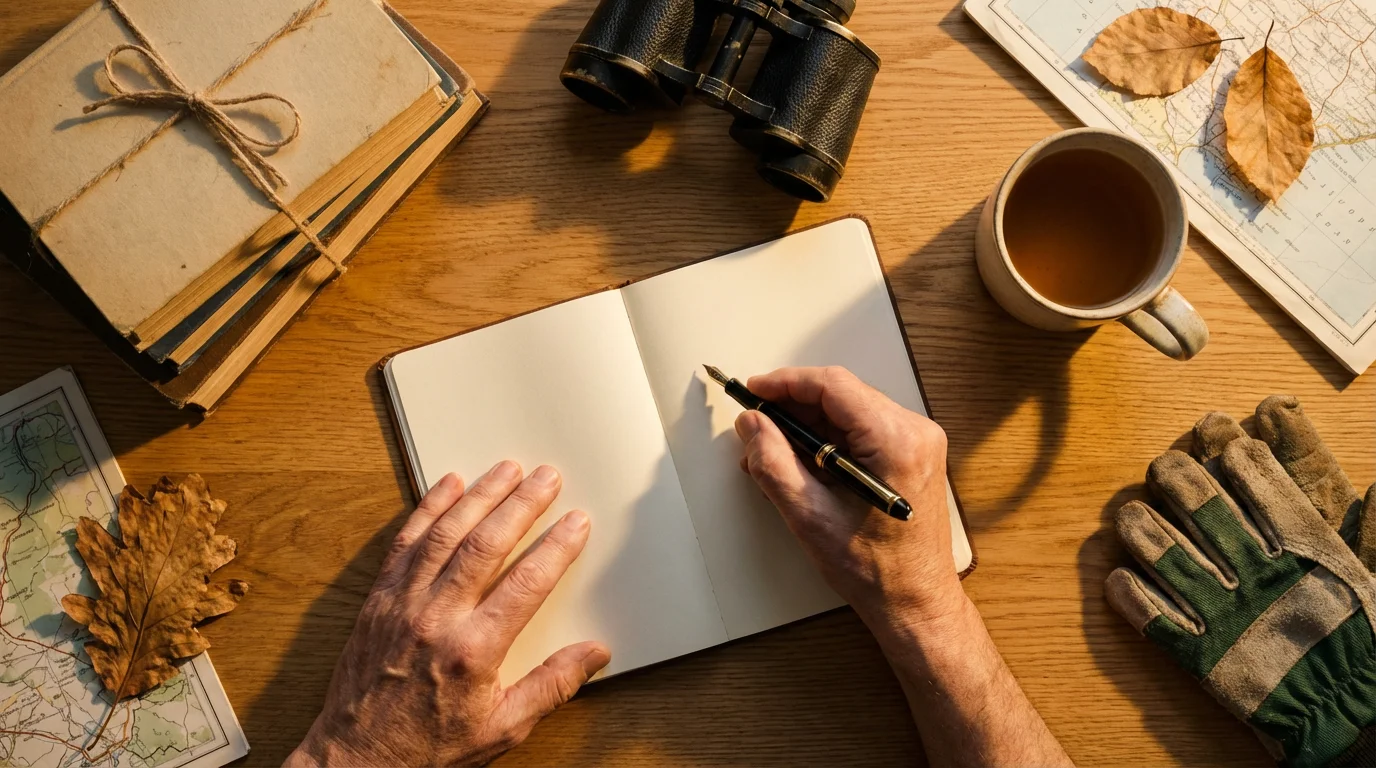 Flat lay of a senior's hands with a notebook and hobby items at golden hour.