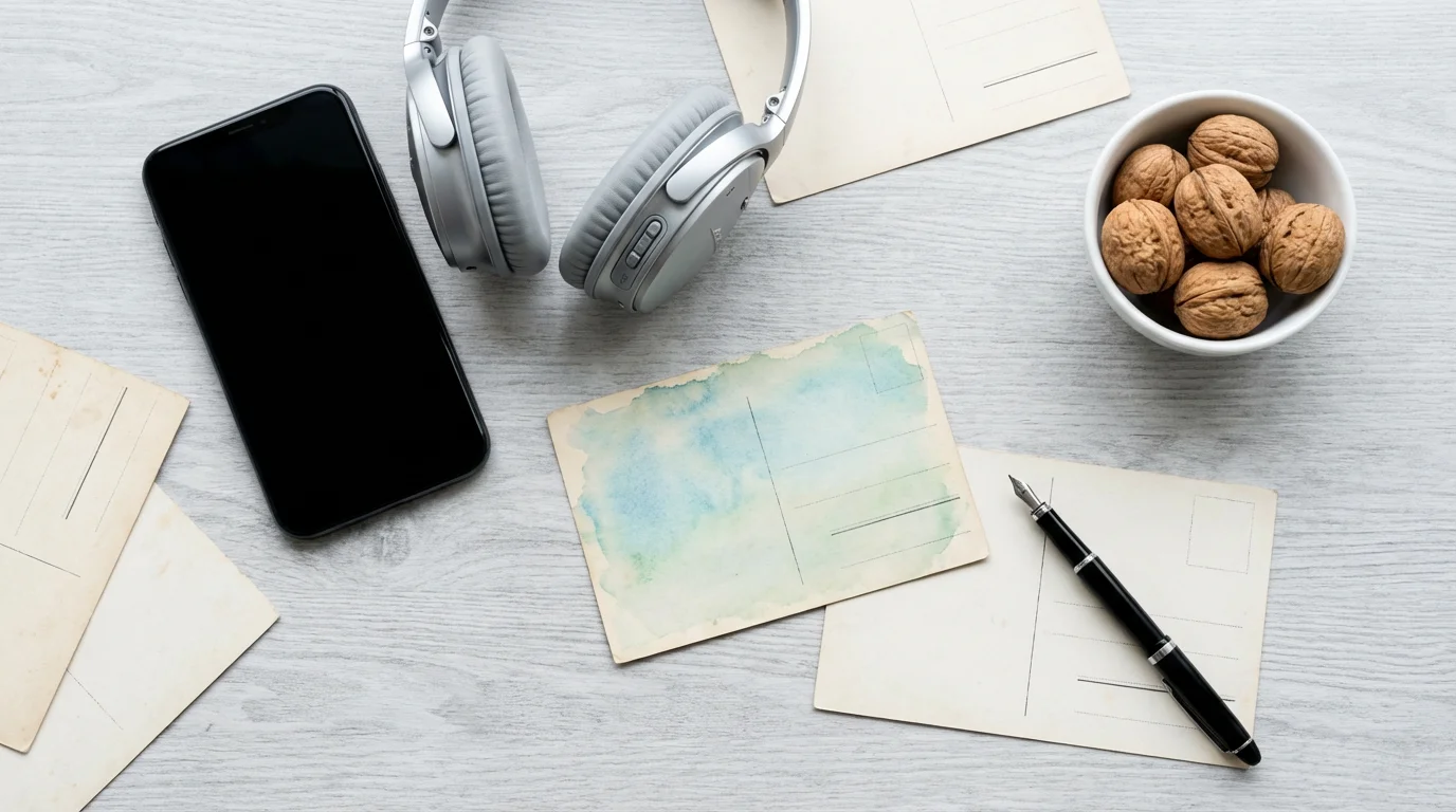 Flat lay of a smartphone, headphones, postcards, and walnuts symbolizing virtual social connection.