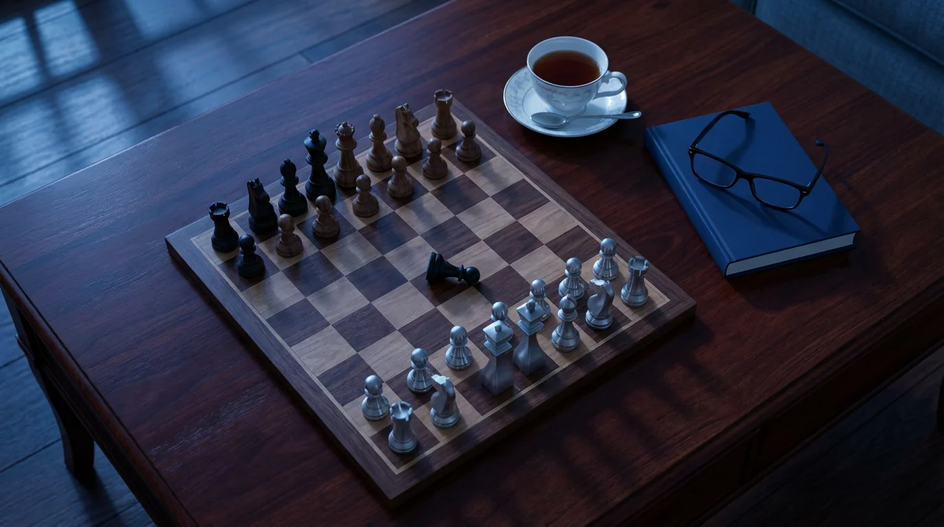 Flat lay of a solitary chess game at dusk, symbolizing social isolation's cognitive threat.