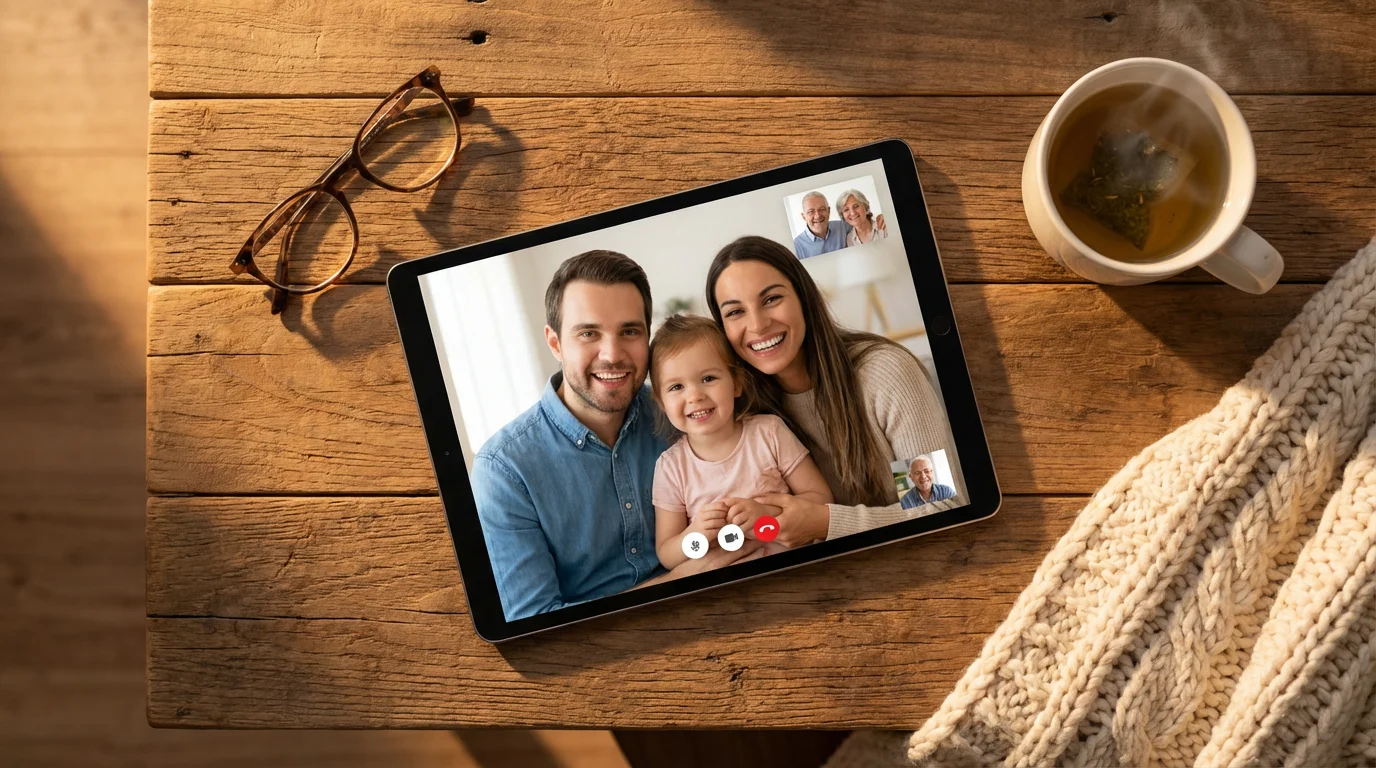 Flat lay of a tablet on a wooden table showing a family video call.