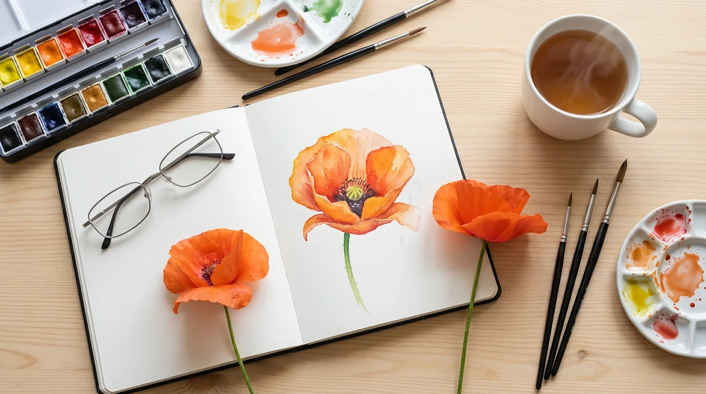 Flat lay of a watercolor sketchbook, poppy flower, art supplies, and reading glasses.