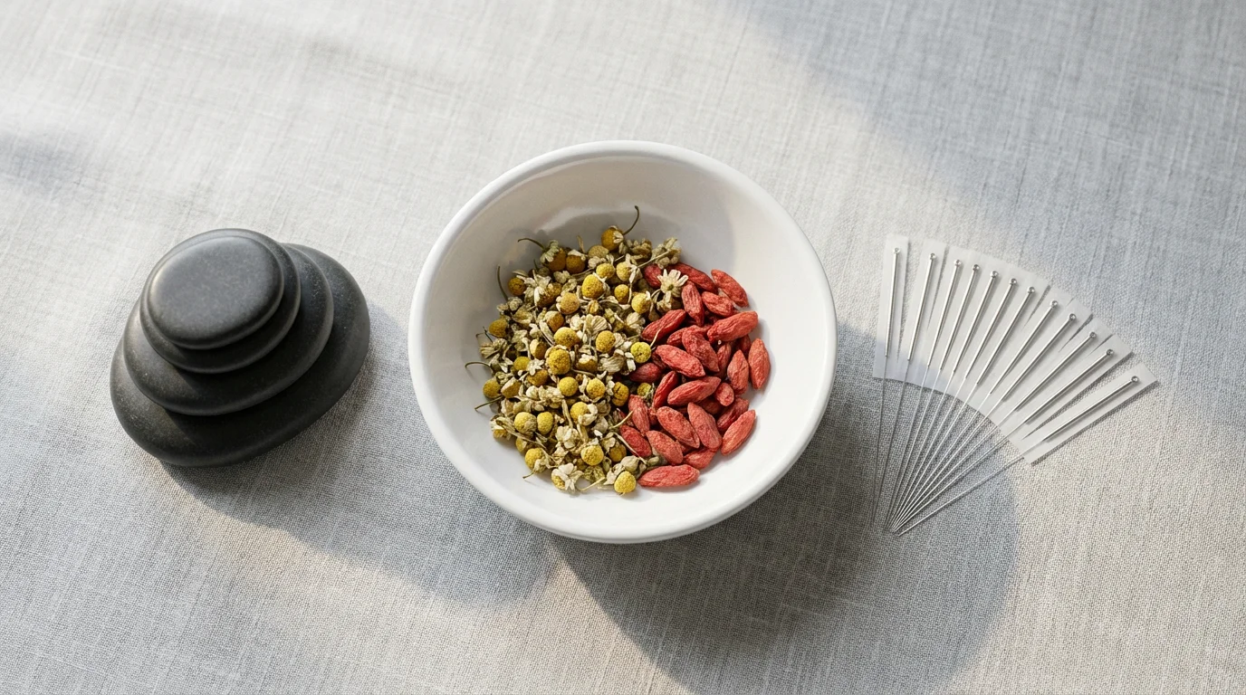 Flat lay of acupuncture needles, herbal remedies, and hot stones for alternative pain therapy.