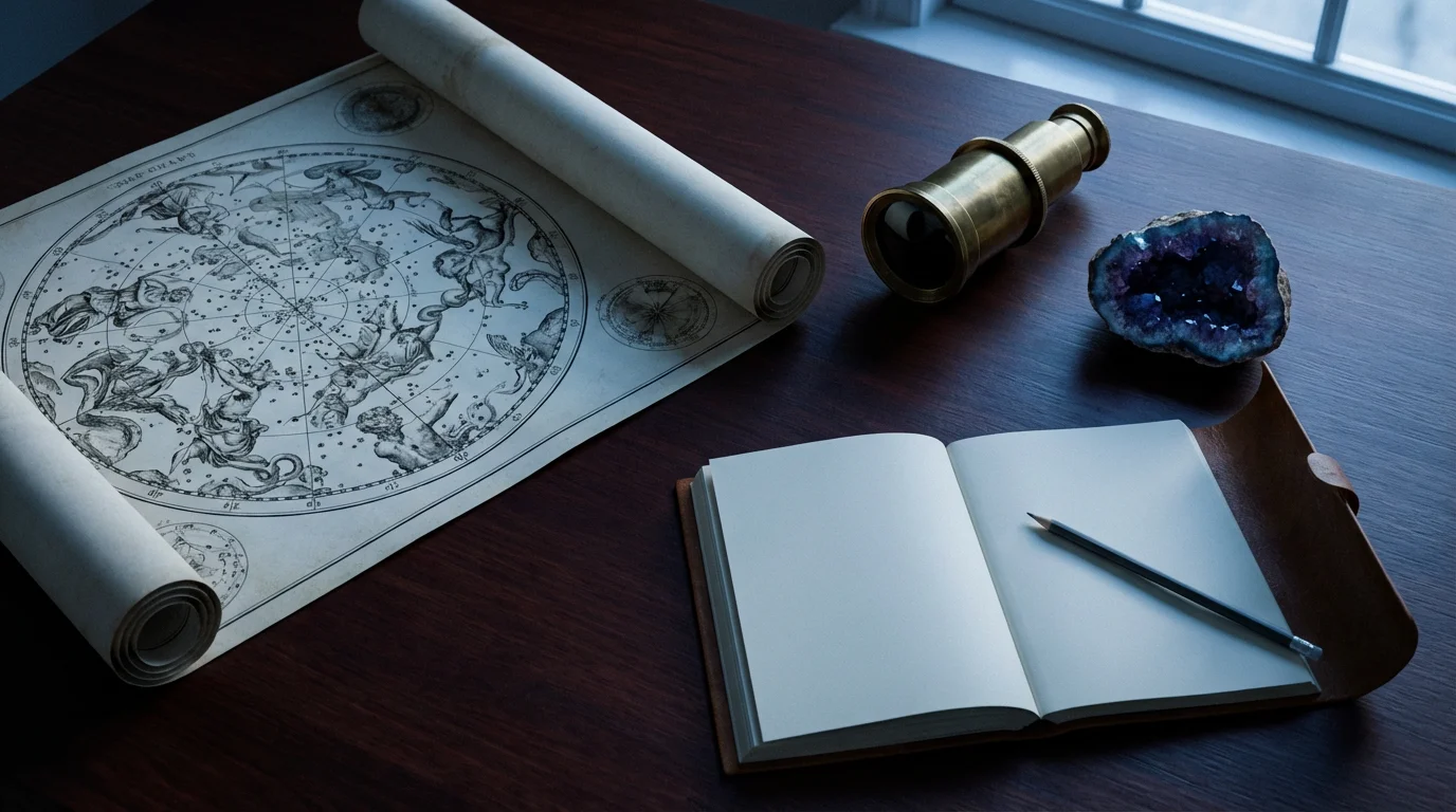 Flat lay of an astronomy star chart, geode, and journal on a wooden table.
