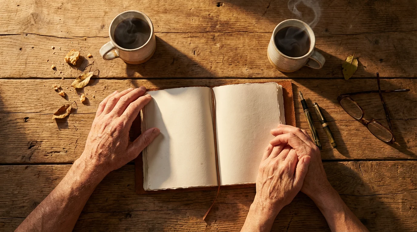 Flat lay of an older couple's hands over a blank journal with coffee mugs.