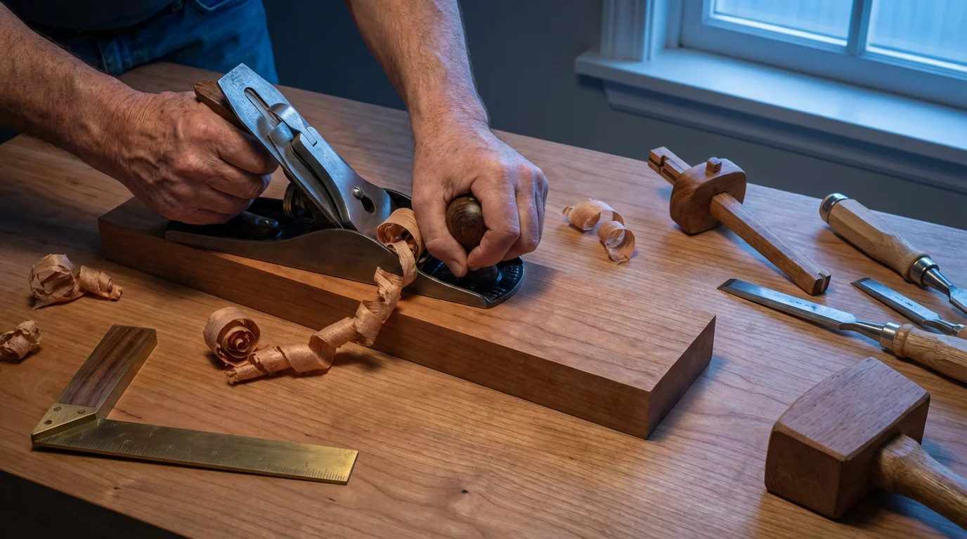 Flat lay of an older hand guiding a younger hand in woodworking at dusk.