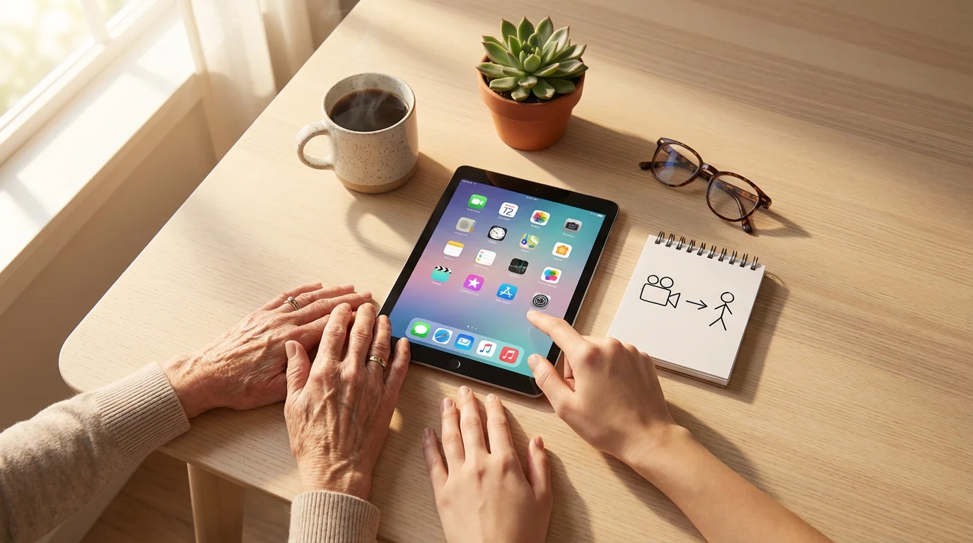 Flat lay of an older person's hands learning to use a tablet with guidance.