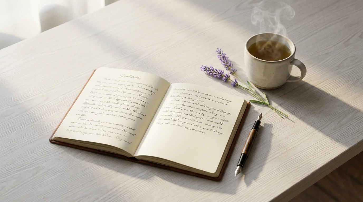 Flat lay of an open gratitude journal with a pen and a cup of tea.