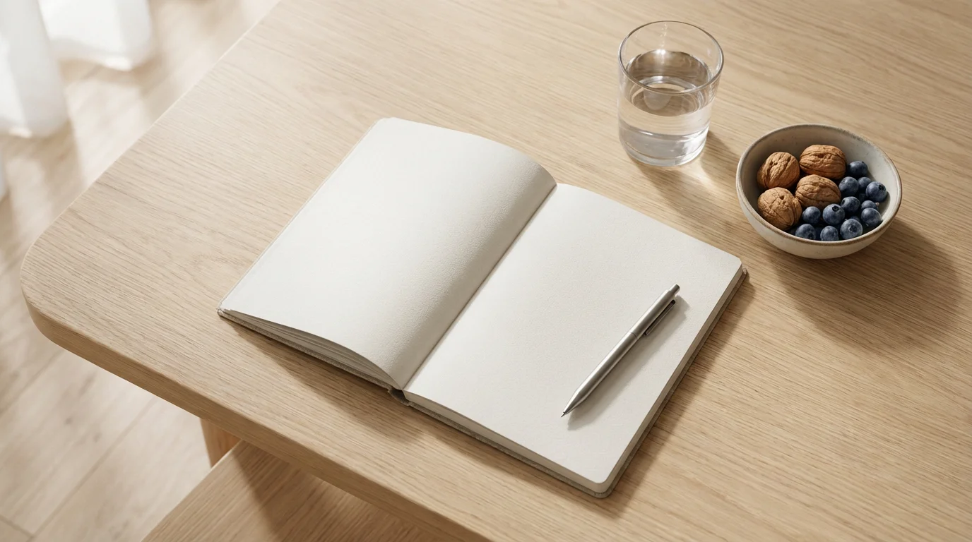 Flat lay of an open journal, pen, glass of water, and brain-healthy snacks.