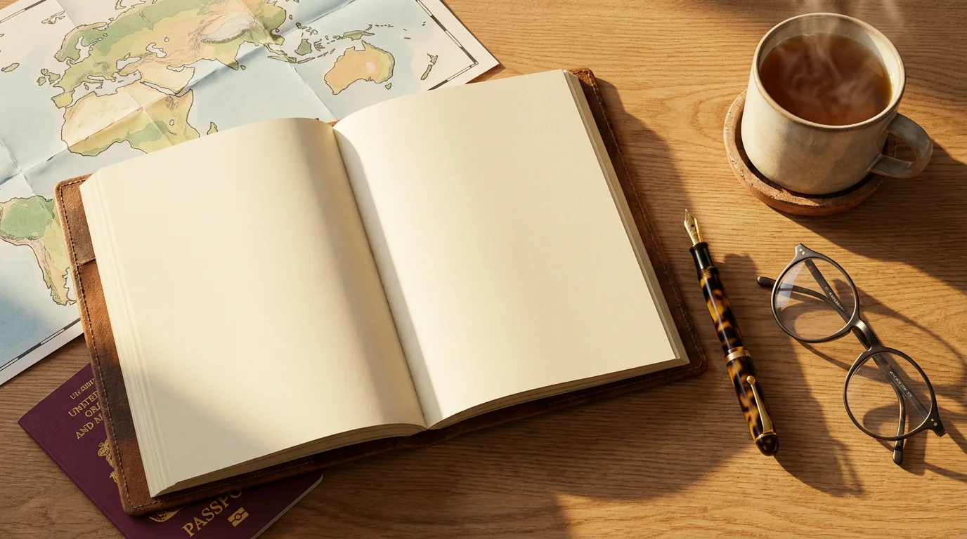 Flat lay of an open journal, pen, passport, and tea on a desk.