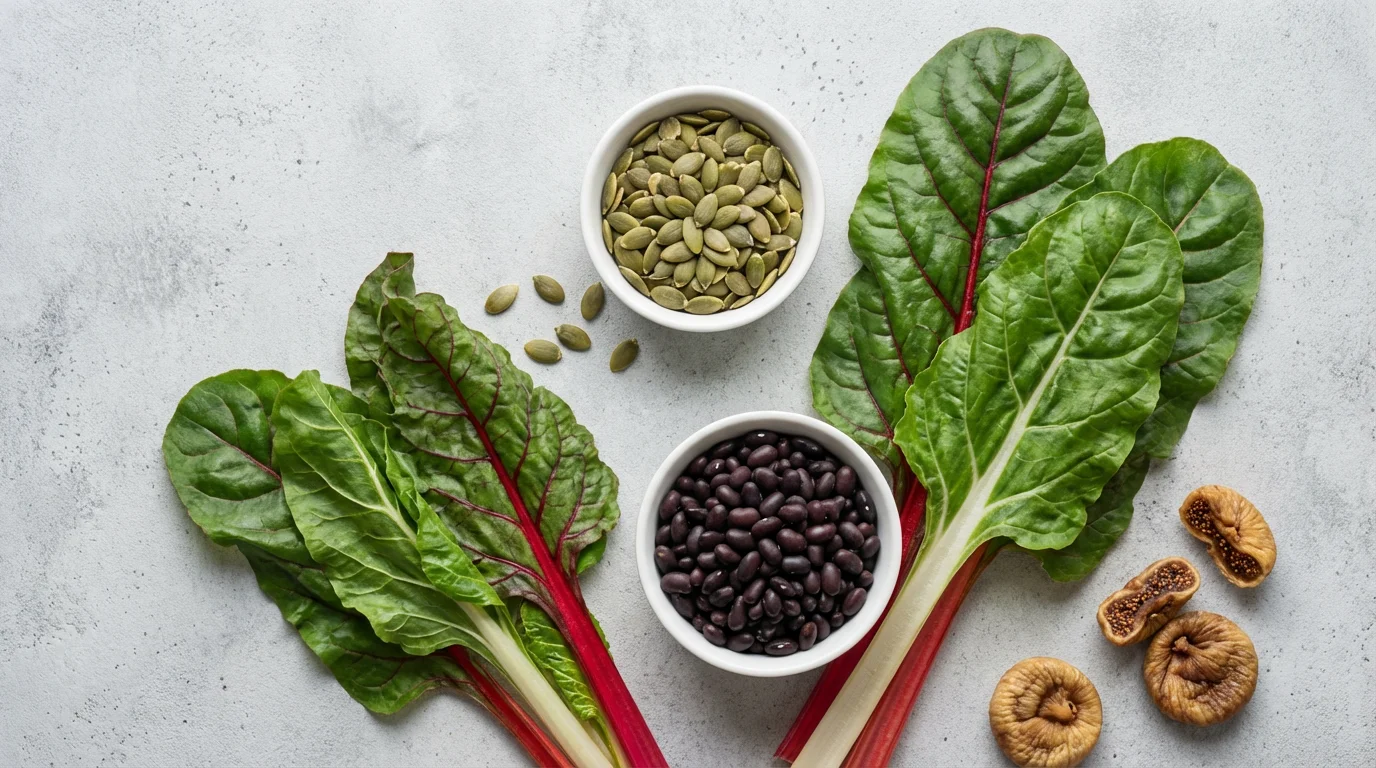 Flat lay of bone-building foods: leafy greens, pumpkin seeds, black beans, and figs.