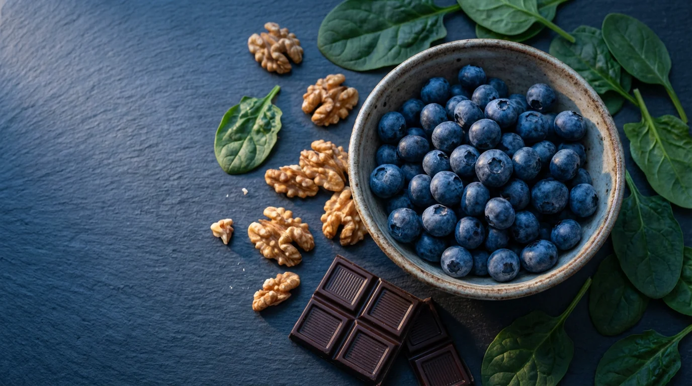 Flat lay of brain-healthy foods including blueberries, walnuts, and spinach on a slate surface.