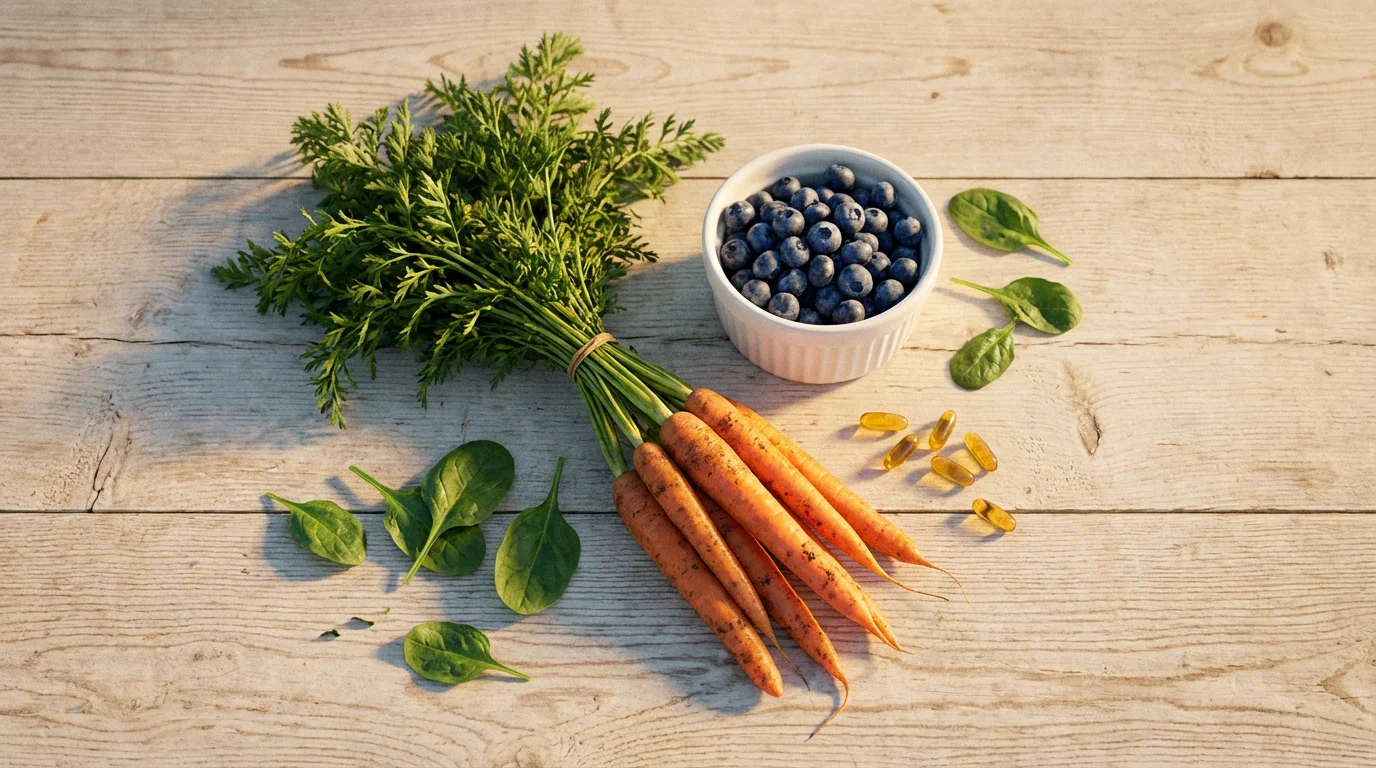 Flat lay of eye-healthy foods like carrots, blueberries, and spinach during golden hour.