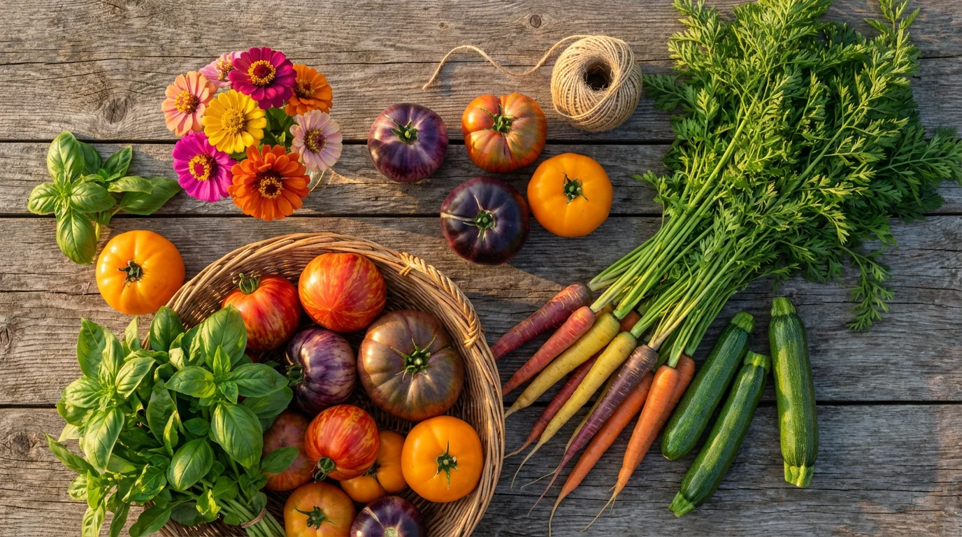Flat lay of fresh garden vegetables, flowers, and a basket prepared for sharing.