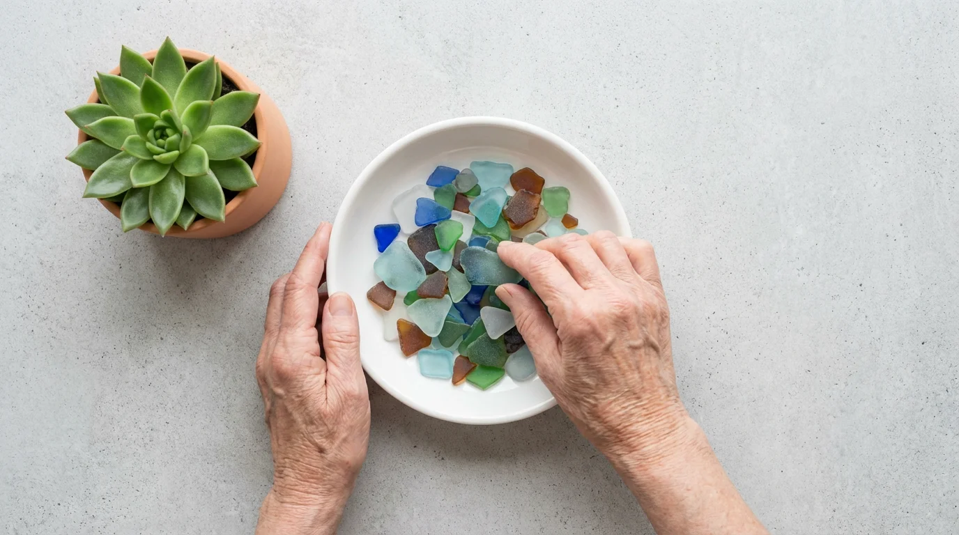 Flat lay of hands arranging smooth sea glass in a bowl beside a small succulent.