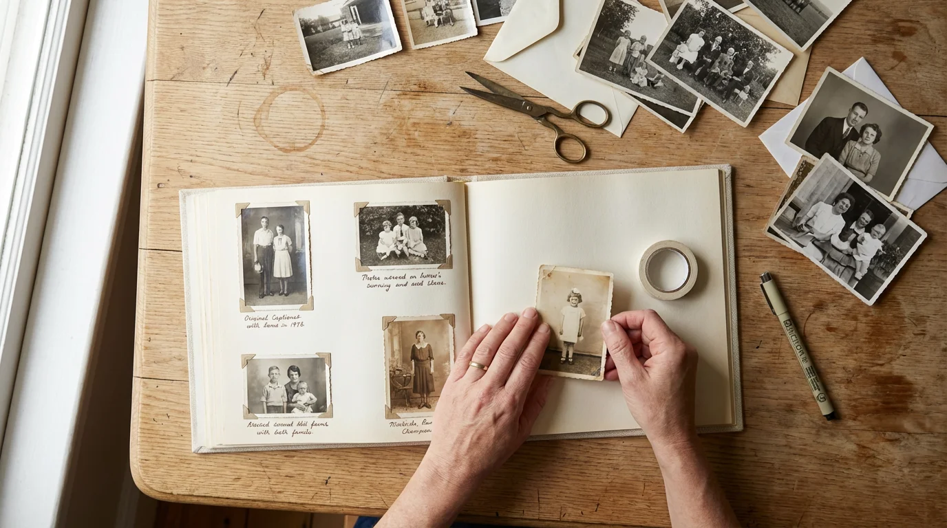 Flat lay of hands organizing vintage family photos into a scrapbook on a wooden table.