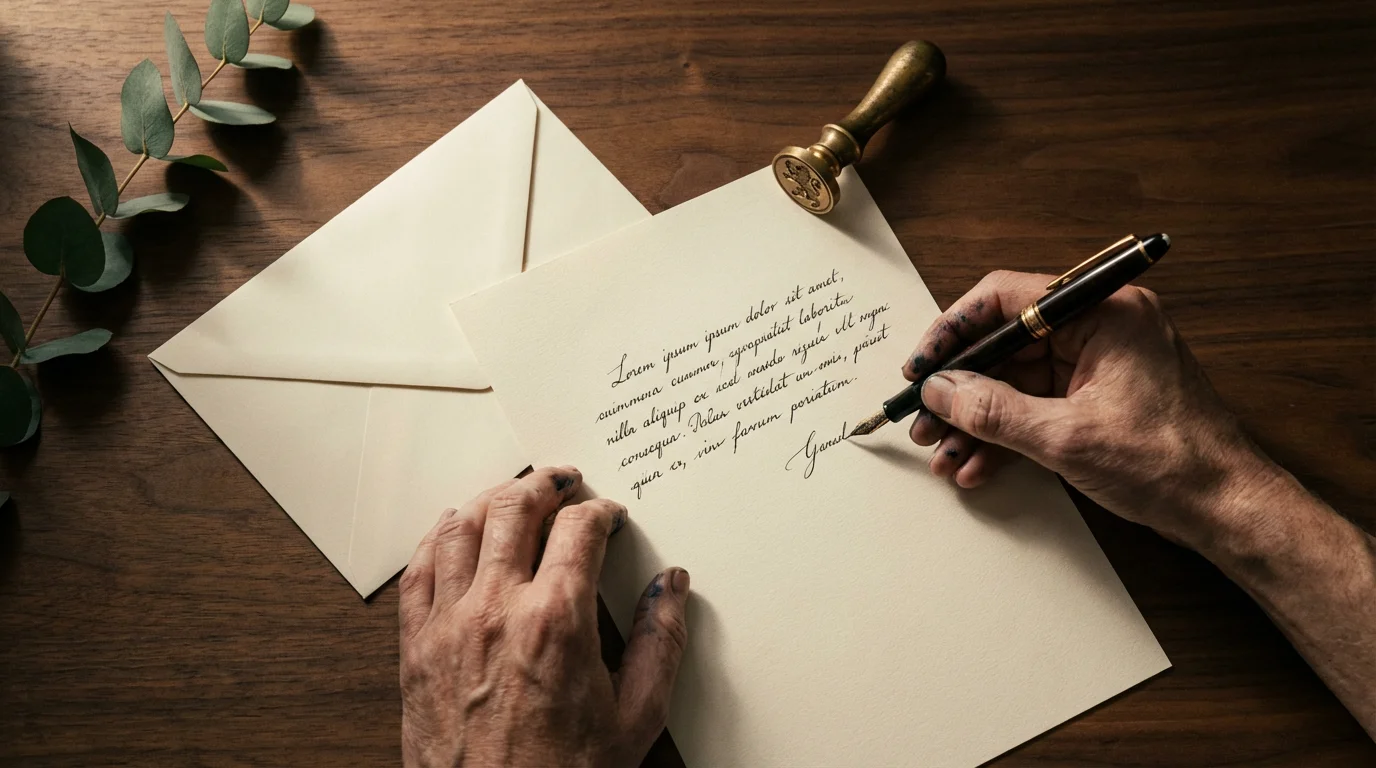 Flat lay of hands writing a letter of gratitude on a wooden desk.