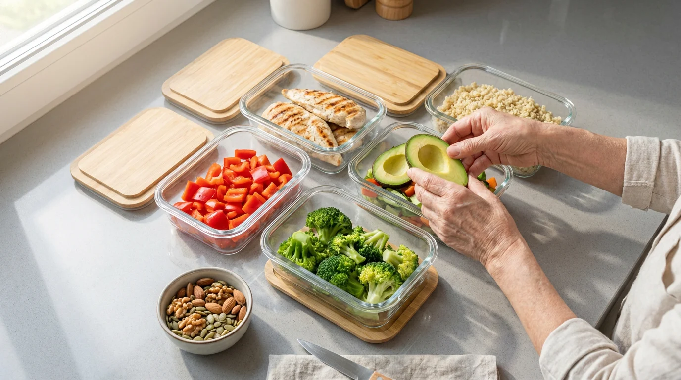 Flat lay of healthy senior meal prep with vegetables, chicken, and quinoa.