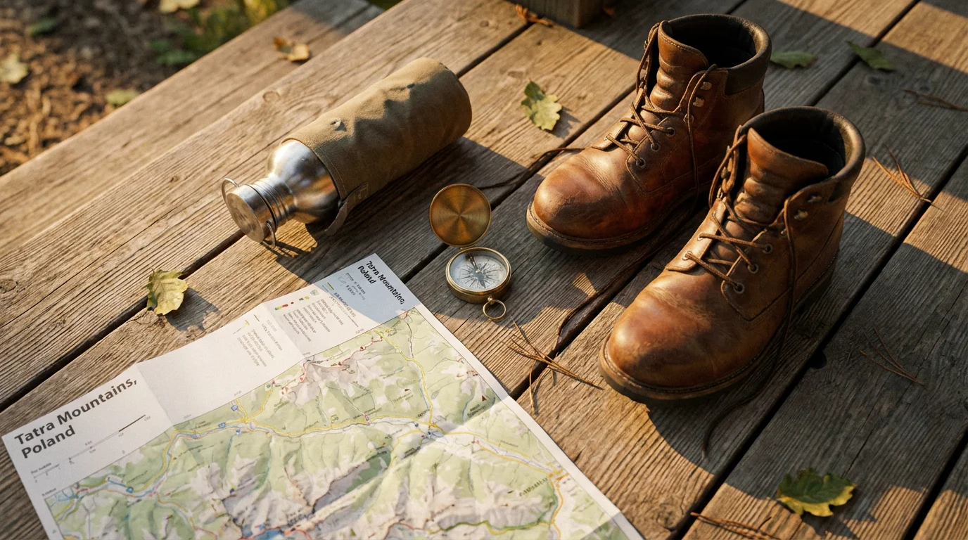 Flat lay of hiking boots, a compass, and a map on a wooden deck.