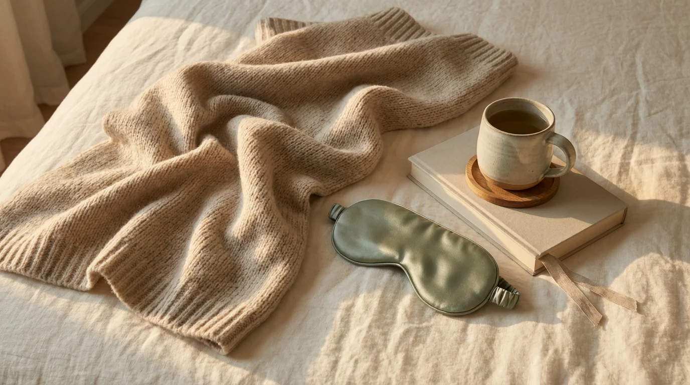 Flat lay of napping essentials like a blanket, eye mask, and book in warm light.