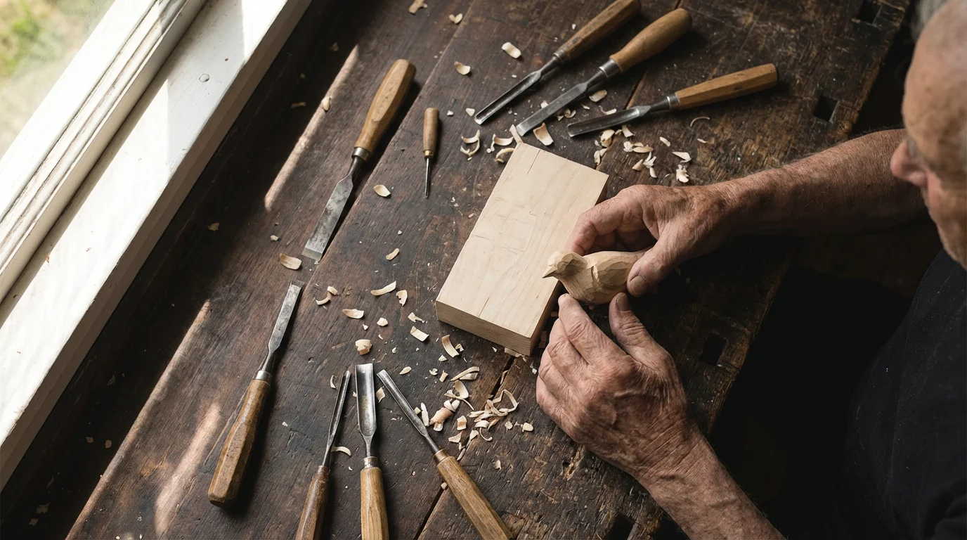 Flat lay of older hands carving a wooden bird on a workbench with tools.